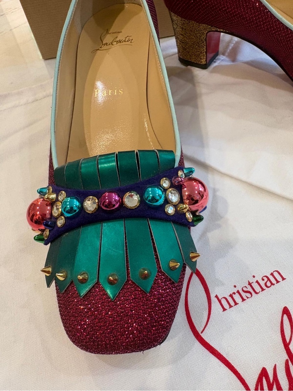 Christian Louboutin Red Glitter Pumps with Teal and Multicolor Embellishment - Picture 3 of 7
